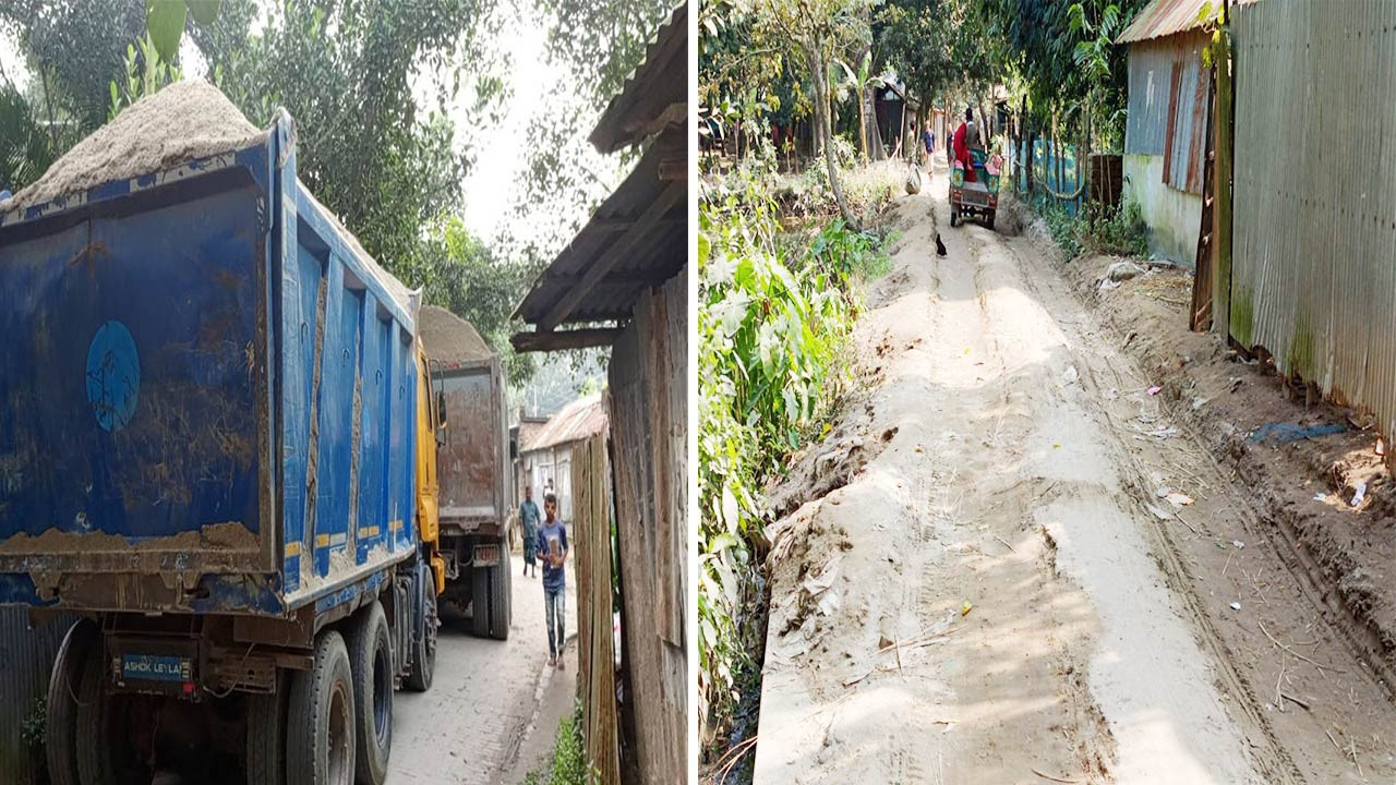 বালুবাহী ডাম্প ট্রাকে ক্ষতিগ্রস্ত বগুড়া সারিয়াকান্দির সড়ক, এলাকাবাসীর ভোগান্তি