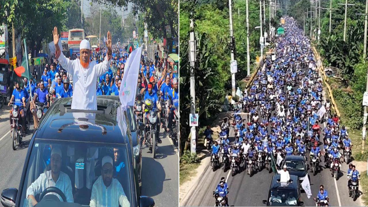 চাঁপাইনবাবগঞ্জে জামায়াত নেতা নুরুল ইসলাম বুলবুলের মোটরসাইকেল শোভাযাত্রা