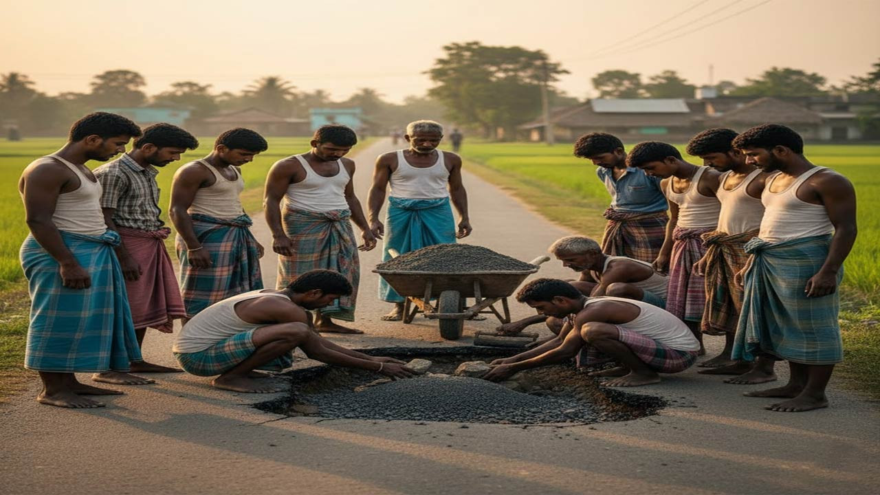 সিরাজগঞ্জের কাজিপুরে একদল তরুণের ভাঙা রাস্তা মেরামত
