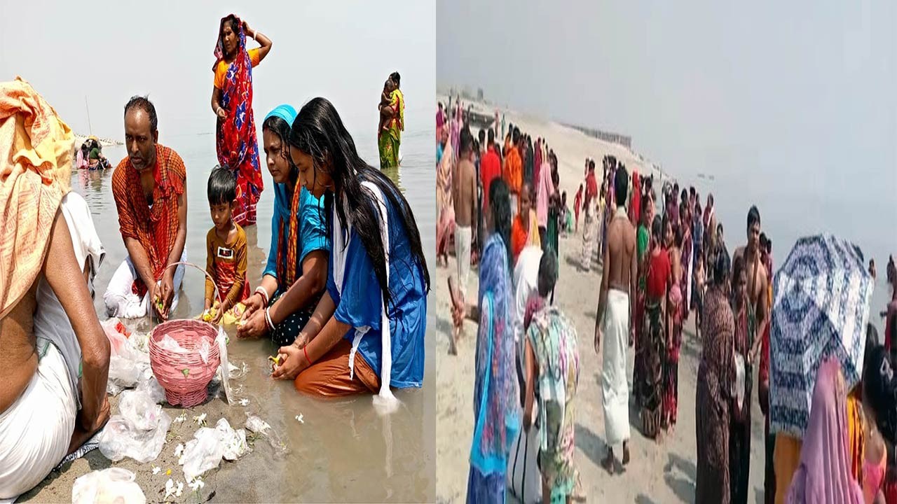 বগুড়ার ধুনটে যমুনা নদীতে মহাষ্টমী স্নানোৎসবে পাপমুক্তির বাসনায় পূন্যার্থীদের ঢল