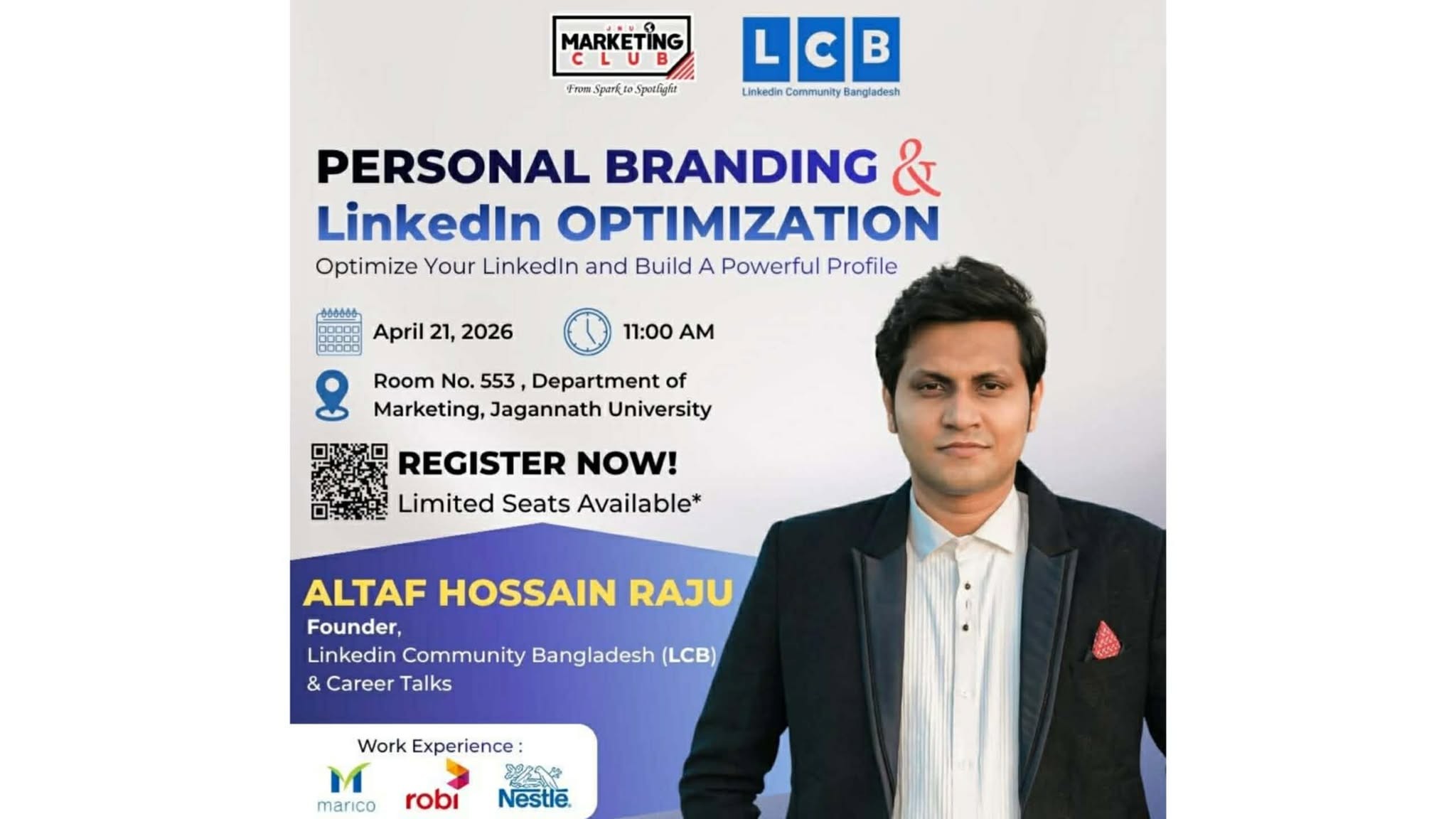 জবি মার্কেটিং ক্লাবের আয়োজনে অনুষ্ঠিত হবে পার্সোনাল ব্র্যান্ডিং ও লিংকডইন অপটিমাইজেশন সেমিনার
